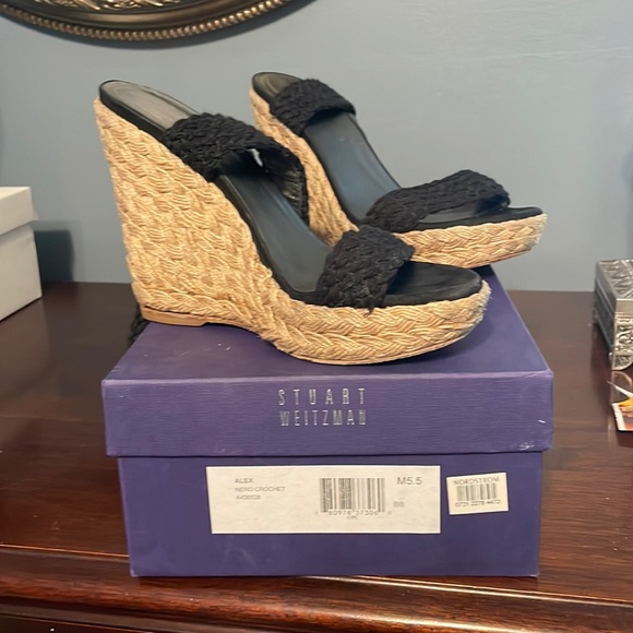 Stuart Weiztman Alex Wedge - Black Crochet - Size 5.5